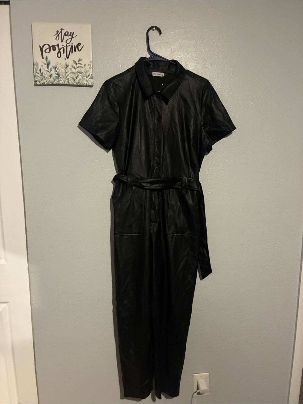 Avec Les Filles Black Faux Leather Belted Collared Jumpsuit Short Sleeve Size M